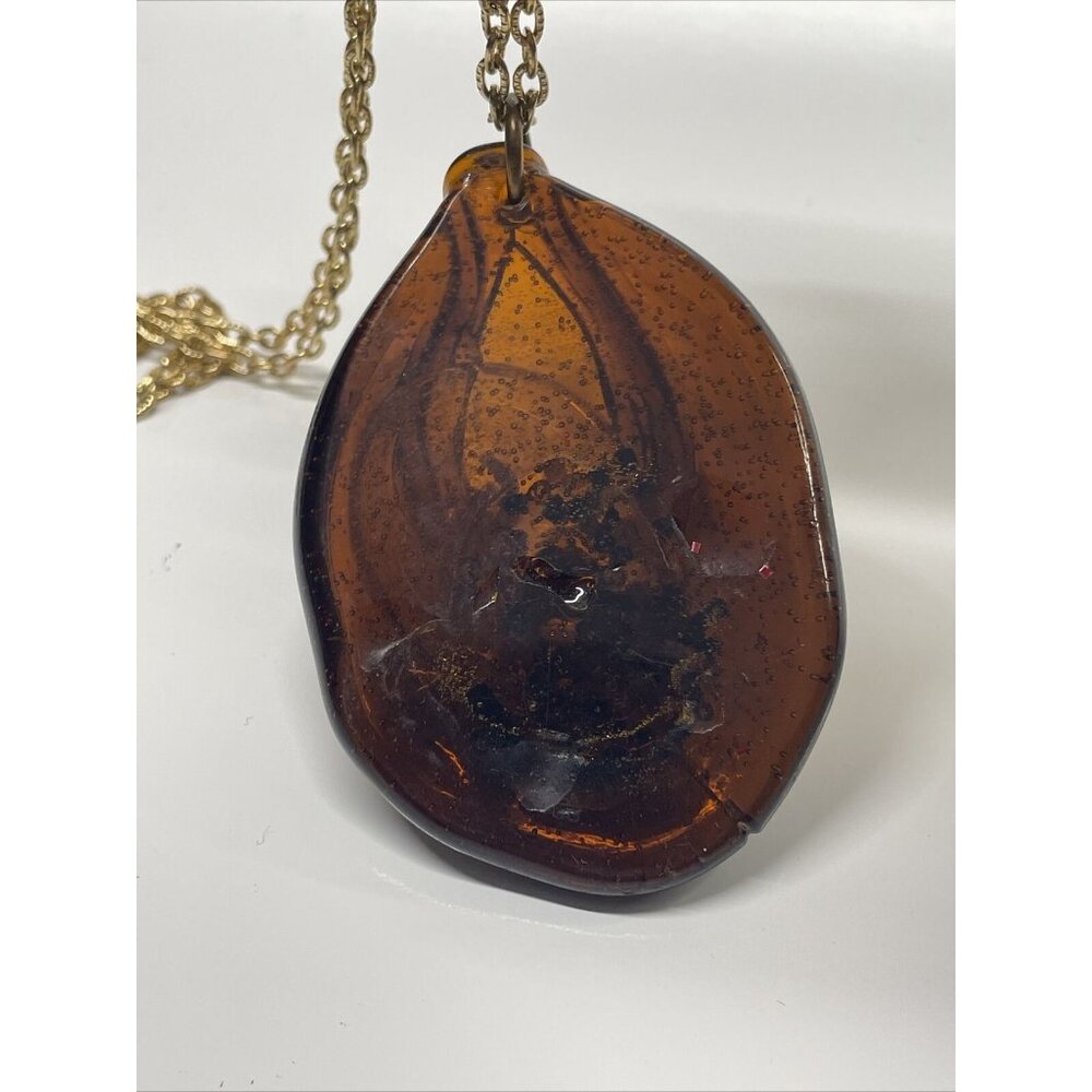 Unique Faux Amber Plastic Pendant Necklace w/ beads embedded 24” Gold Tone Chain - Picture 7 of 9